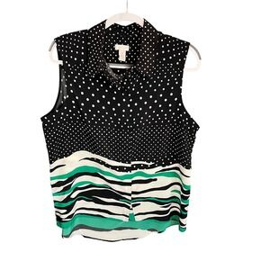 Chicos Black White Polka Dot Zebra Print Sleeveless Collared Shirt Size 2